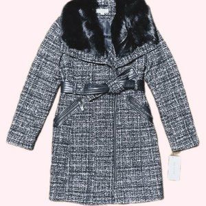 VIA SPIGA Women's Asymmetric Faux Fur Collar Wrap Coat - Black/White Tweed